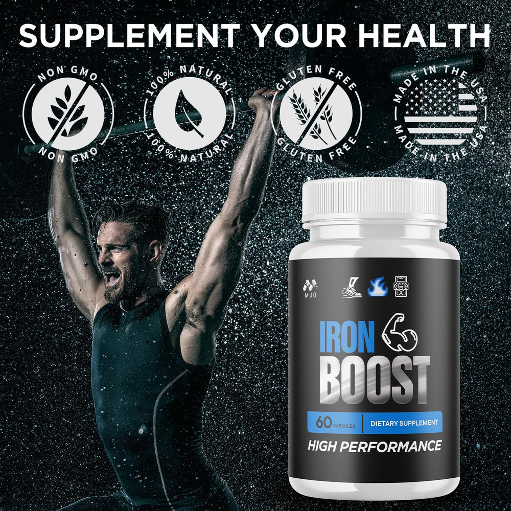 MJO Iron Boost capsules neatly arranged on a white surface.