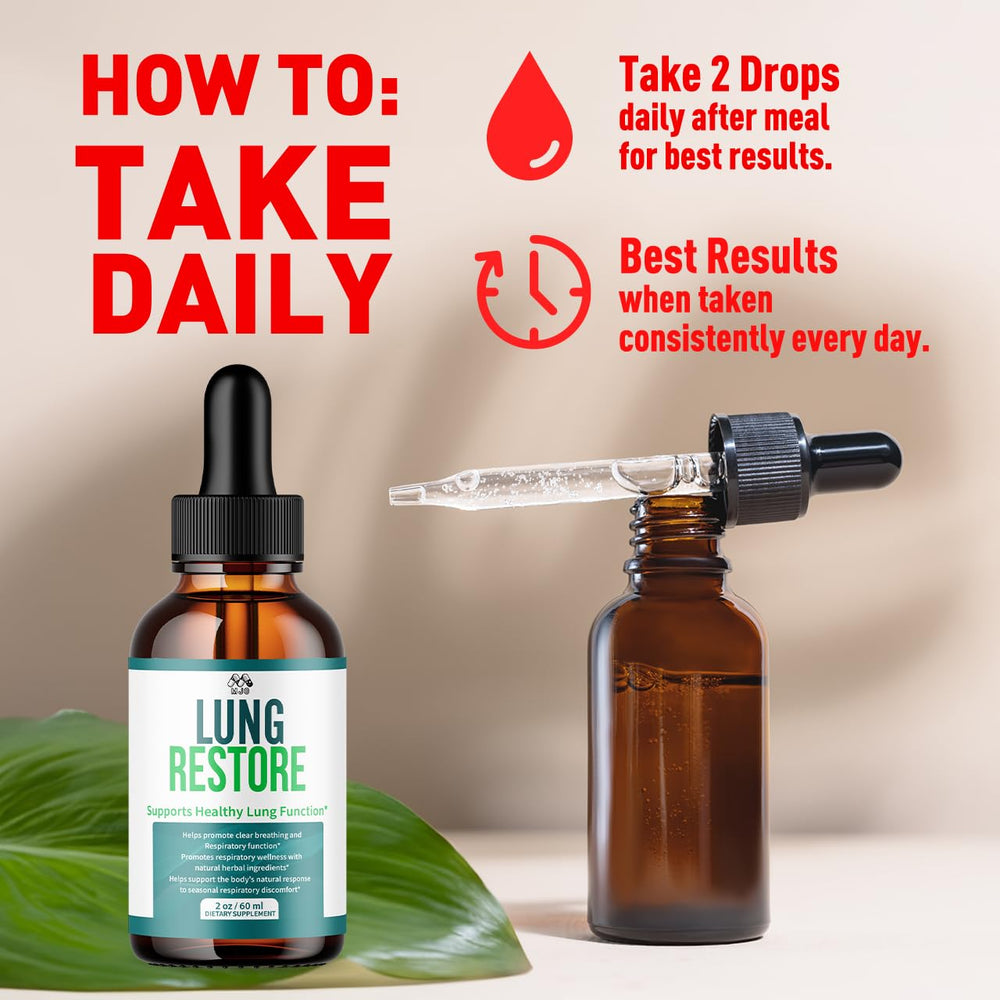 Label close-up of MJO Lung Restore Drops showing premium vitamins