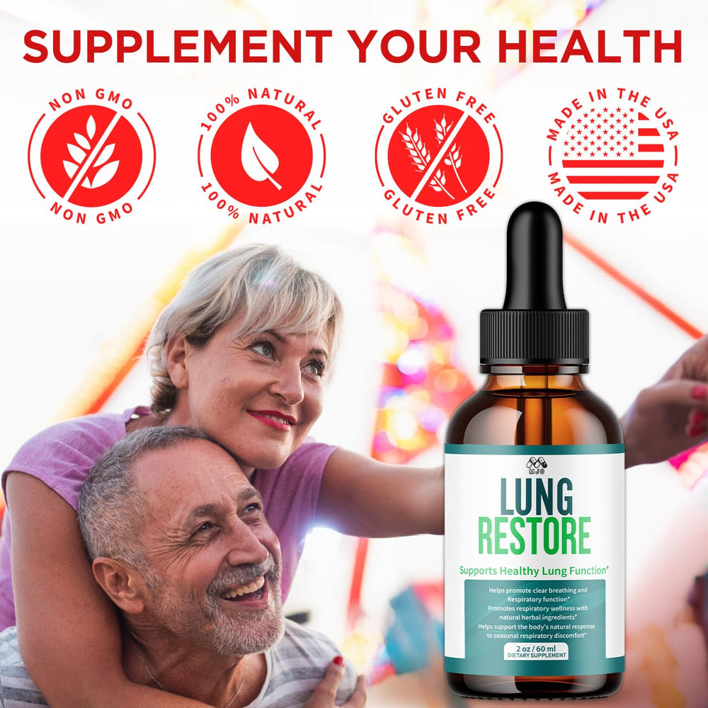 MJO Lung Restore Drops packaging display emphasizing 30 servings per bottle.