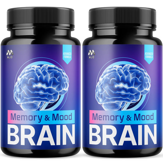 MJO Memory and Mood Brain Capsules bottle for daily focus and wellness routine.