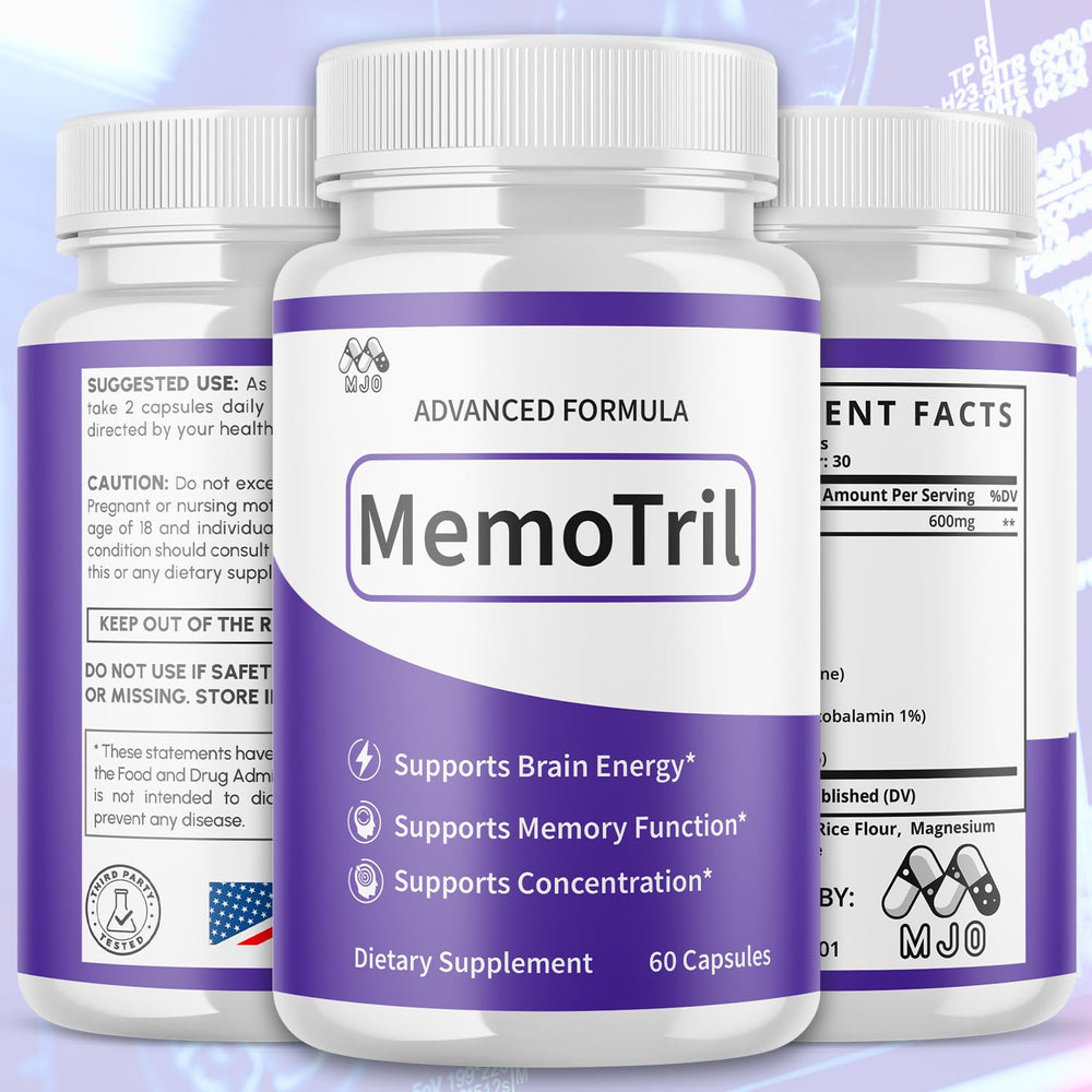 MJO Memotril bottle side angle, 60 capsules for daily wellness.