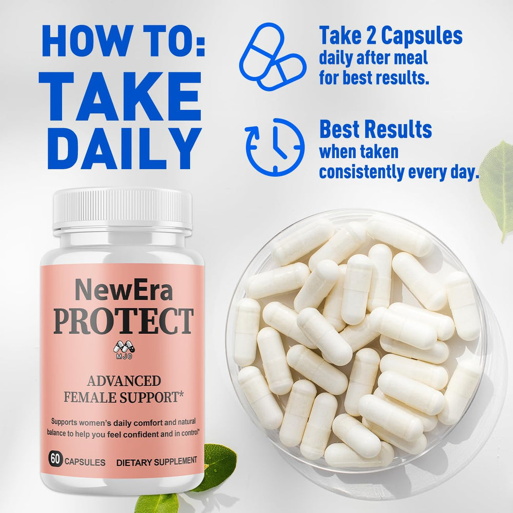 MJO New Era Protect pills close-up showing an all-natural formula for everyday wellness.