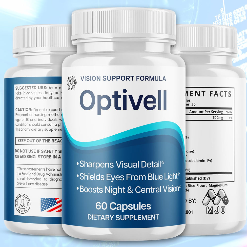 MJO Optivell Eye Capsules bottle back label lists ingredients for transparency.