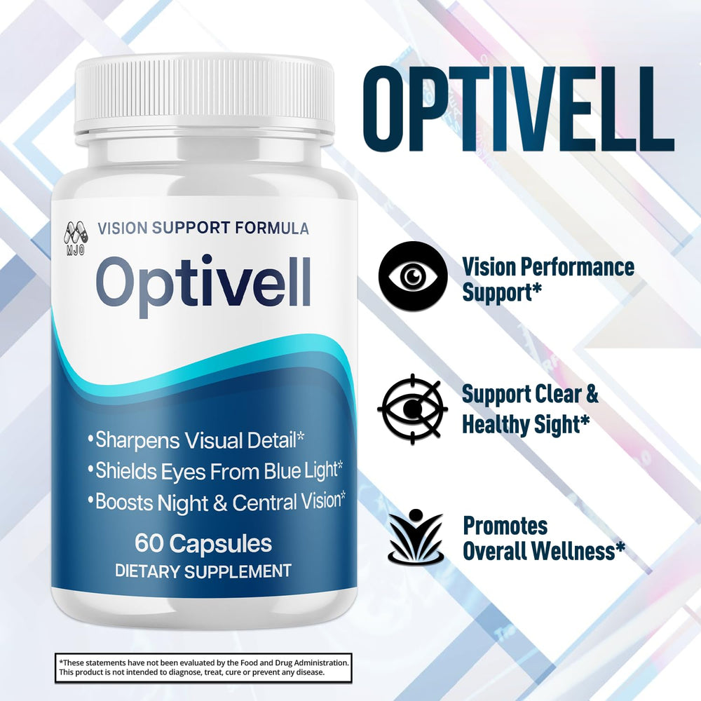 Glass Optivell Eye Capsules bottle on desk for easy routine