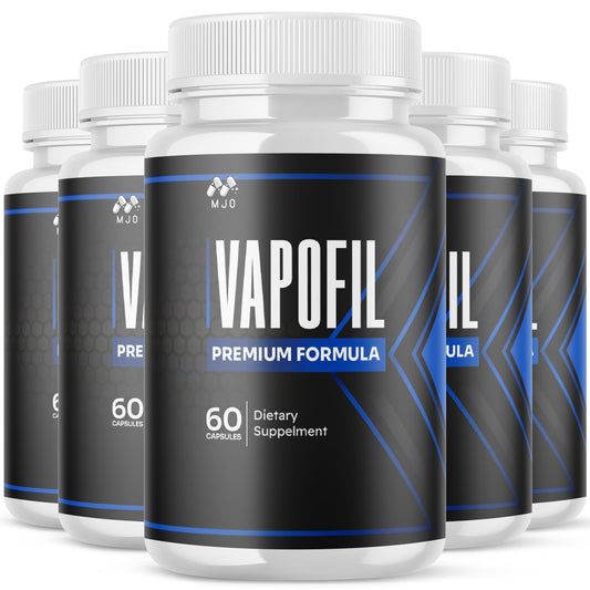 MJO Vapofil capsules bottle front view highlighting gluten-free, all-natural formula.