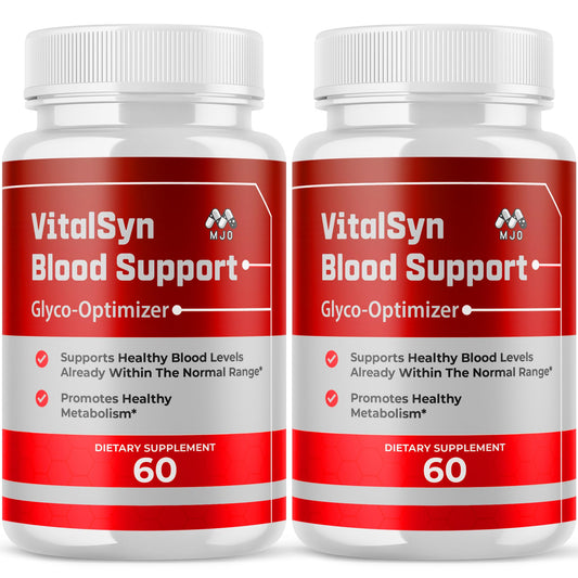 MJO Vitalsyn Blood Support capsules in bottle front view for daily wellness.