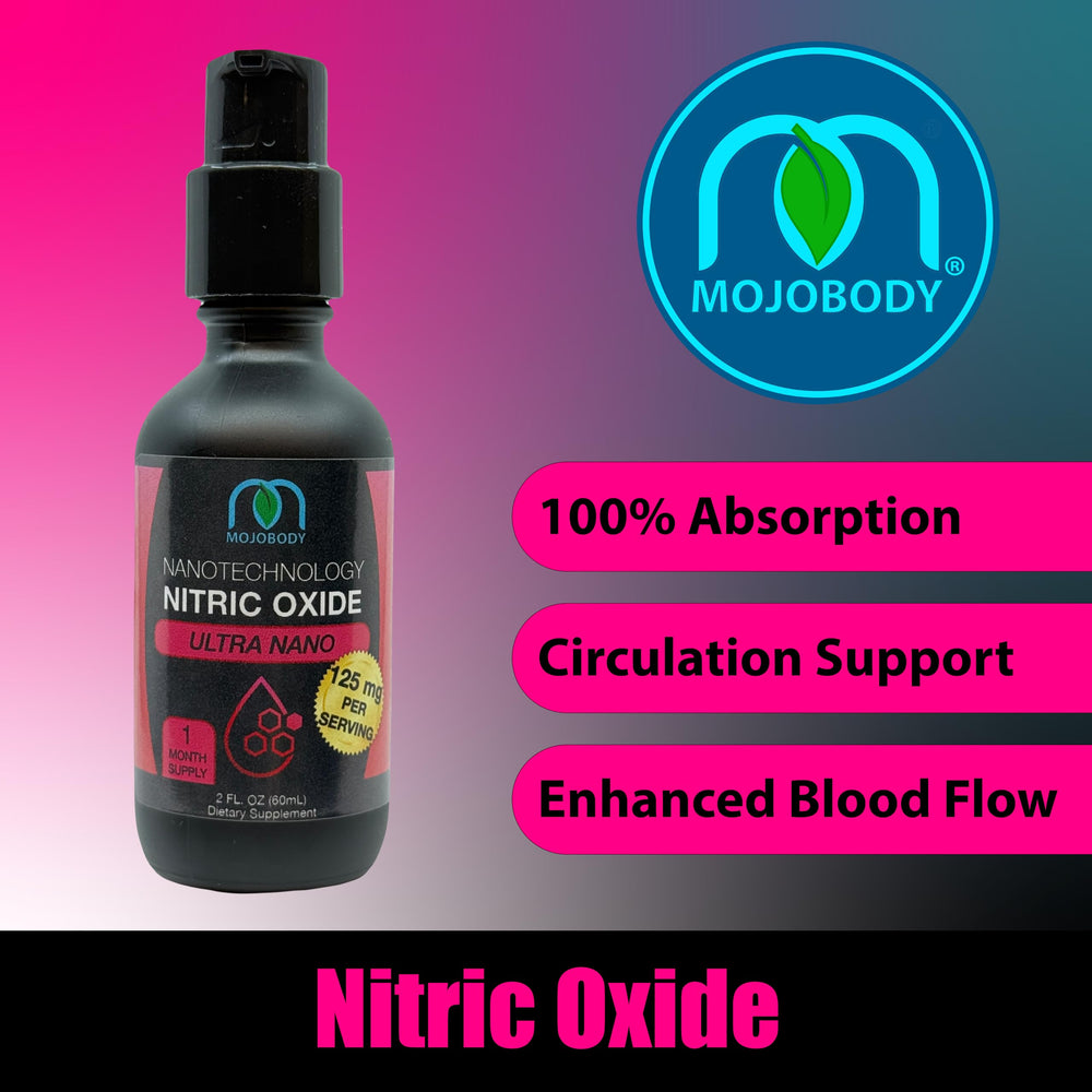 MOJObody Nano Nitric Oxide label closeup highlights branding and clear dosing cues.