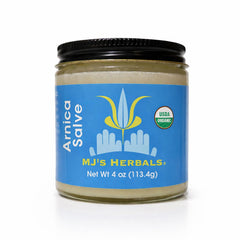 MJ's Herbals arnica salve jar close-up for soothing everyday skin support