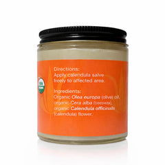 MJ's Herbals Calendula Salve bottle label emphasizes premium ingredients for sensitive skin.