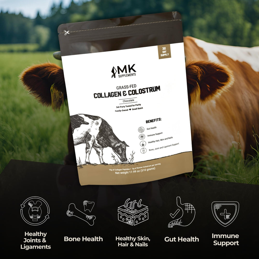 Pouring MK Supplements chocolate powder into a glass for daily nourishment