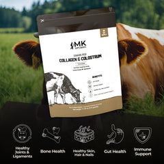 Pouring MK Supplements chocolate powder into a glass for daily nourishment