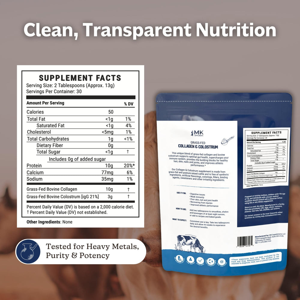 MK Supplements Collagen & Colostrum poured into a glass for daily routines
