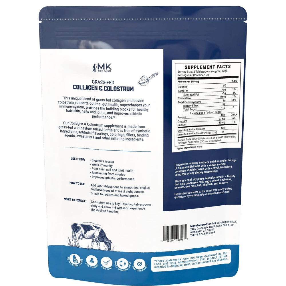 MK Supplements Collagen & Colostrum powder scoop showing texture for hair and nails