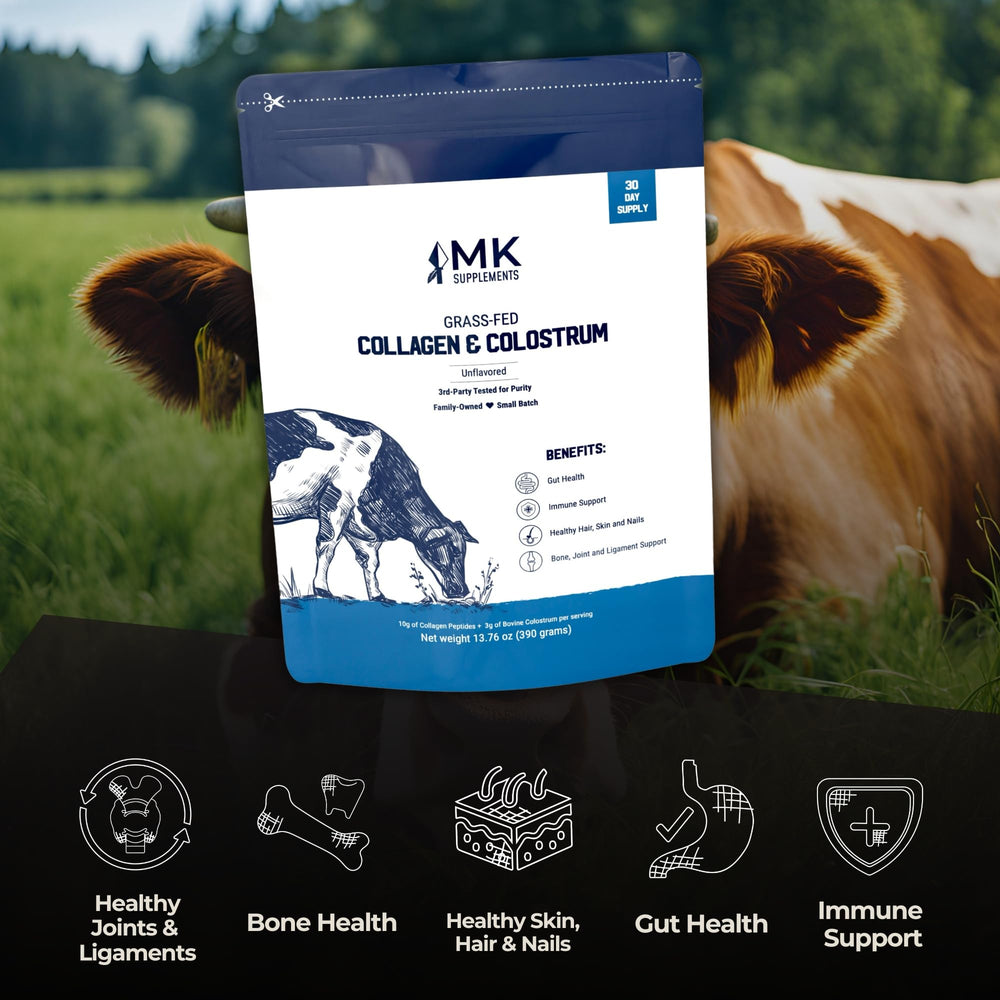MK Supplements Collagen & Colostrum shaker demonstrates easy daily use