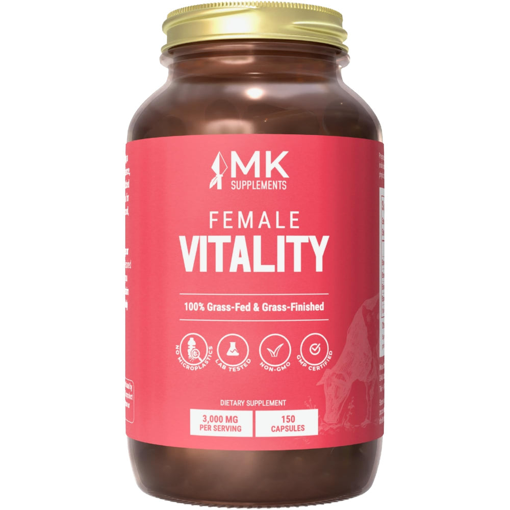 MK Supplements Female Vitality bottle shows non-GMO, freeze-dried beef organ formula for women