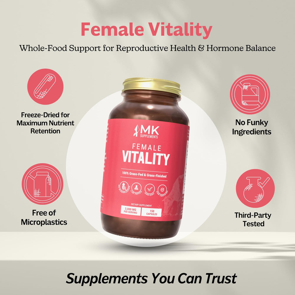 MK Supplements Female Vitality kit on kitchen counter for everyday use