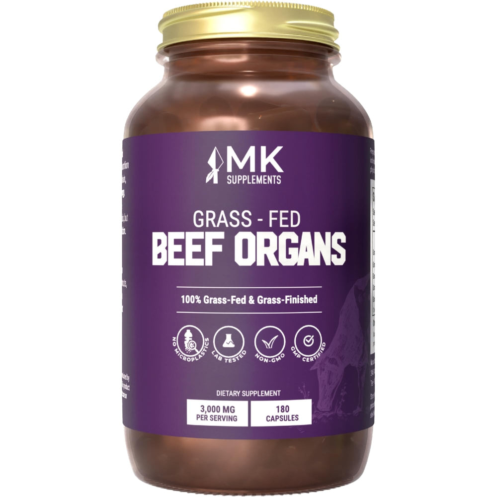 MK Supplements Grass-Fed Beef Organ bottle on a kitchen counter showing 45-day supply