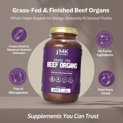 Close-up view of MK Supplements capsules highlighting desiccated organ blend
