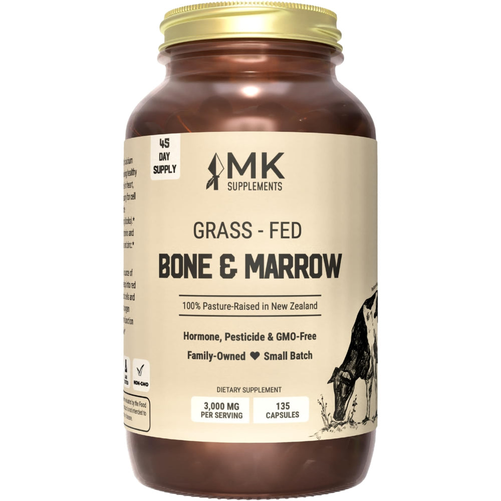 MK Supplements grass-fed bone and marrow bottle shows 180 capsules for daily joint support