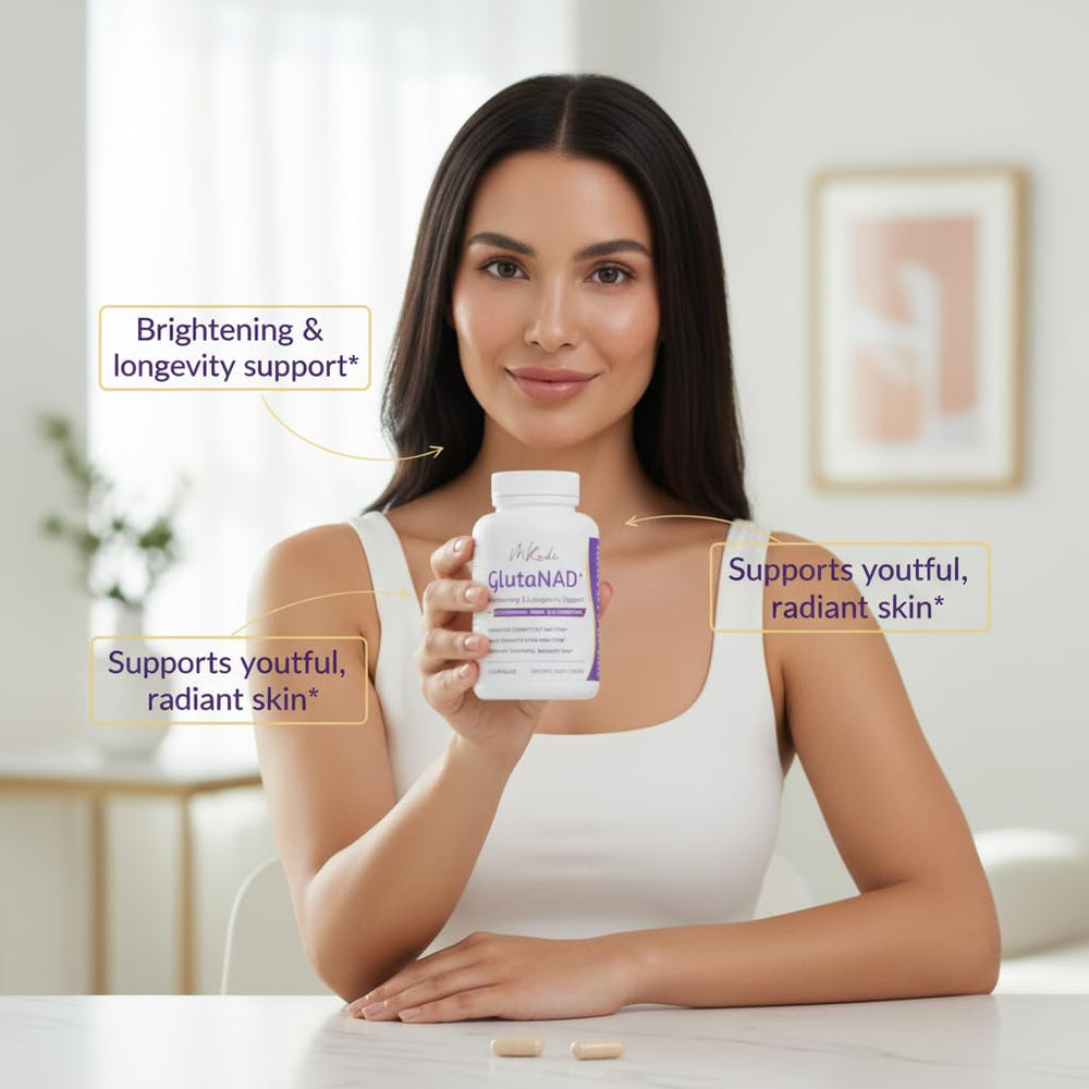 MKADI GlutaNAD+ packaging on shelf signals clean vegan formula.