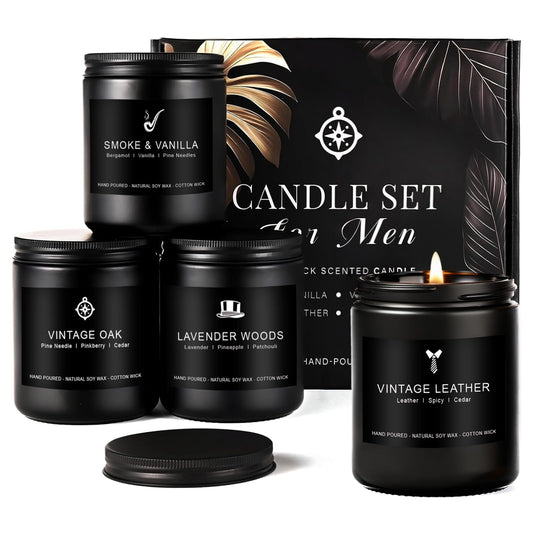 MKCLDE scented candles for men with leather and smoke for bold masculine ambiance