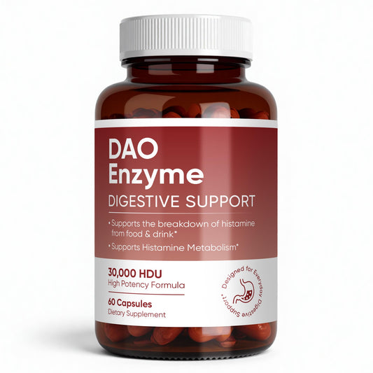 MKSUVGQ DAO enzyme supplement bottle front highlighting histamine support potential.