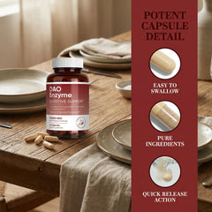 MKSUVGQ DAO enzyme capsules close-up for before-meal routine.