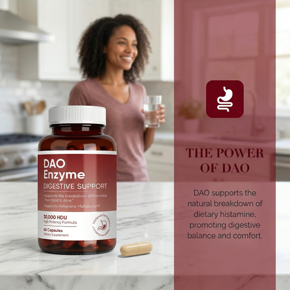 MKSUVGQ DAO enzyme supplement label detail highlighting ingredients.