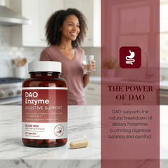 MKSUVGQ DAO enzyme supplement label detail highlighting ingredients.
