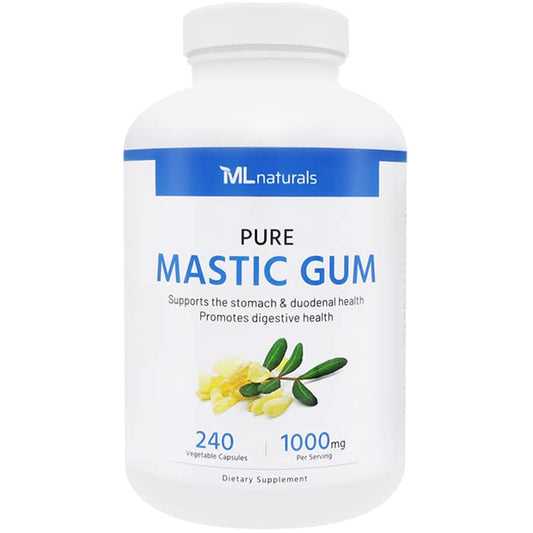 ML Naturals Mastic Gum 1000mg bottle with capsules for digestion support.