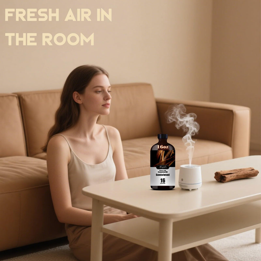 Mlynkl sandalwood essential oil drops in diffuser for fragrance.