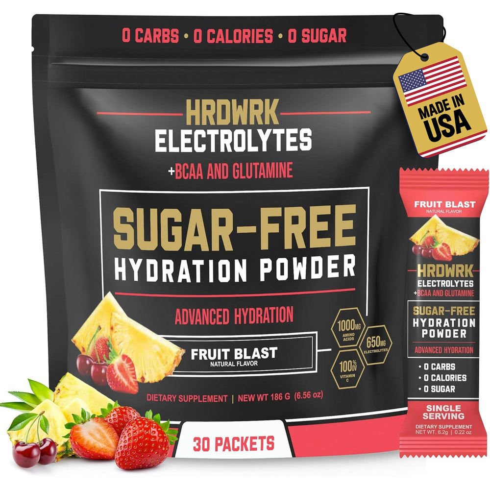MMA Nutrition HRDWRK electrolyte packets front view for quick on-the-go hydration.