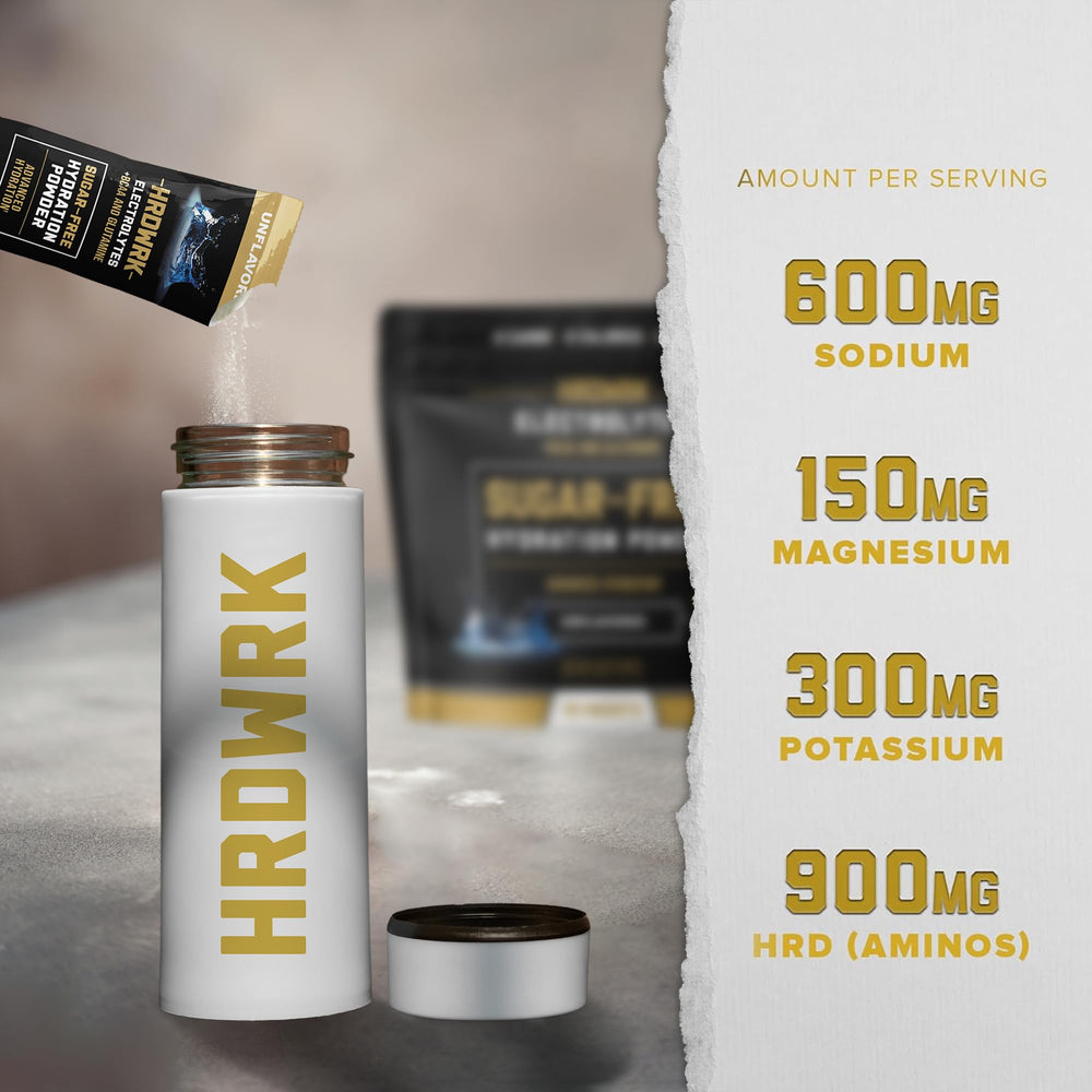 MMA Nutrition HRDWRK unflavored powder dissolves easily in water for keto-friendly hydration.