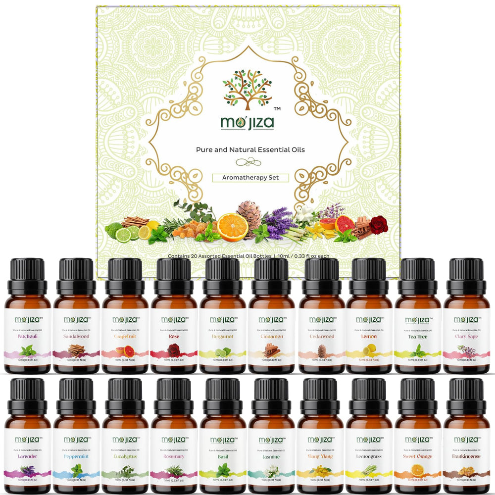 MO'JIZA gift set with 20 essential oils in a premium package for gifting.