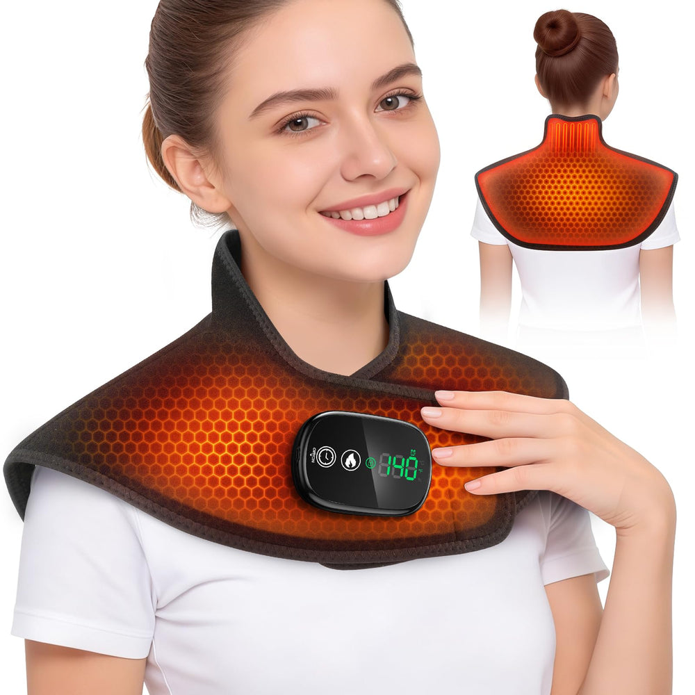 MOAJAZA cordless neck and shoulder heating pad in use for flexible warmth