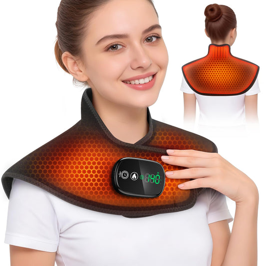 MOAJAZA cordless neck and shoulder heating pad in use for flexible warmth