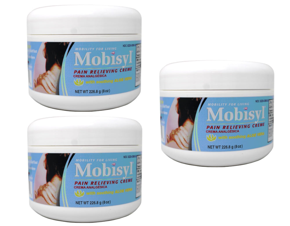 Mobisyl Pain Relieving Creme 8oz bottle for targeted relief.
