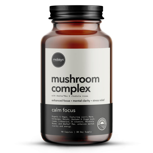 Mobisyn Organic 5 Mushroom Nootropic bottle front view signaling focus and energy
