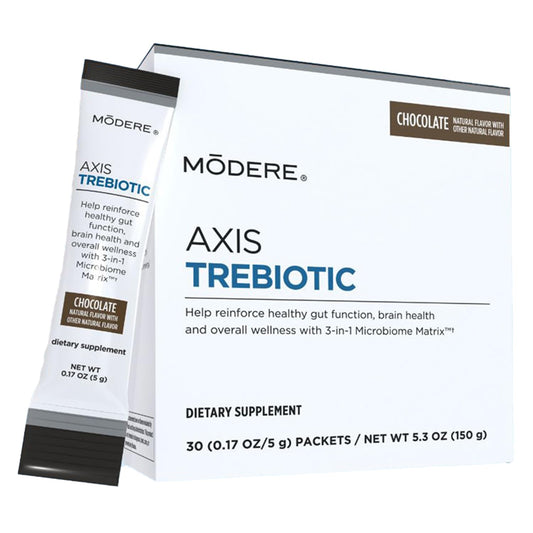 Modere Axis Trebiotic chocolate powder in a single-serve packet for easy daily use.
