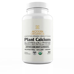 Modern Organics Plant Calcium bottle close-up showing 1000mg algae calcium for daily use
