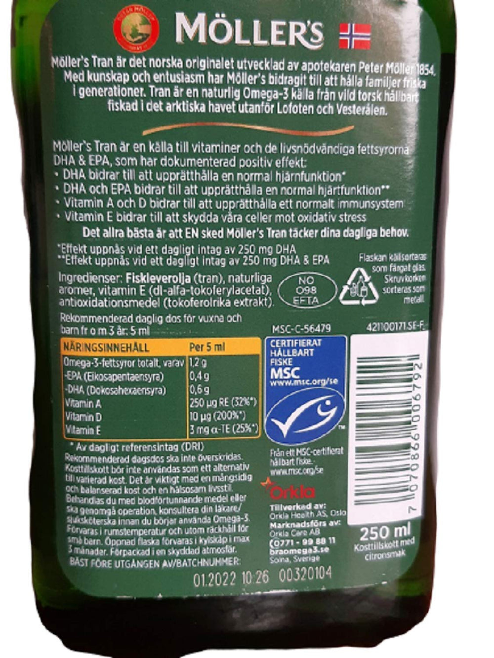 Möller’s Tran cod liver oil label showing Arctic origin and omega-3.