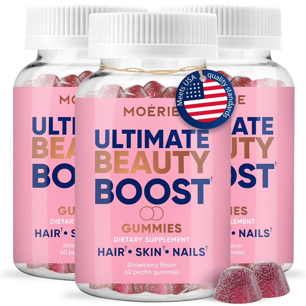 Moerie bottle with gummies showcases convenient daily beauty support for hair, skin, and nails.