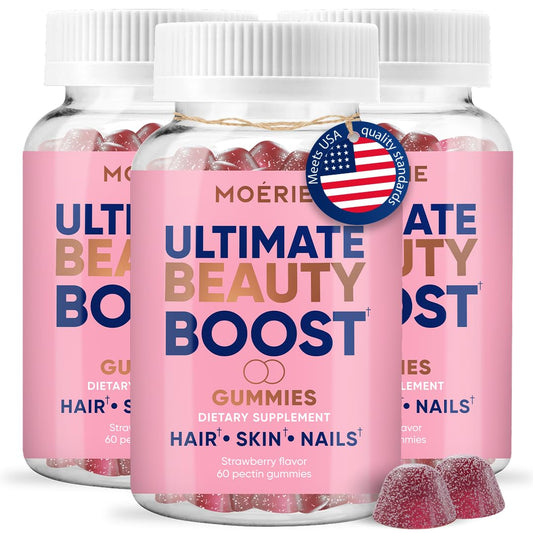 Moerie bottle with gummies showcases convenient daily beauty support for hair, skin, and nails.