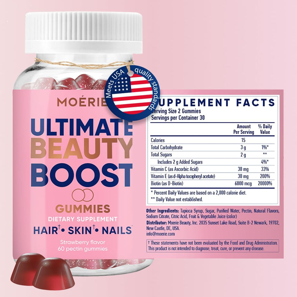 Moerie gummies closeup reveals strawberry flavor and chewy texture for enjoyable daily use.