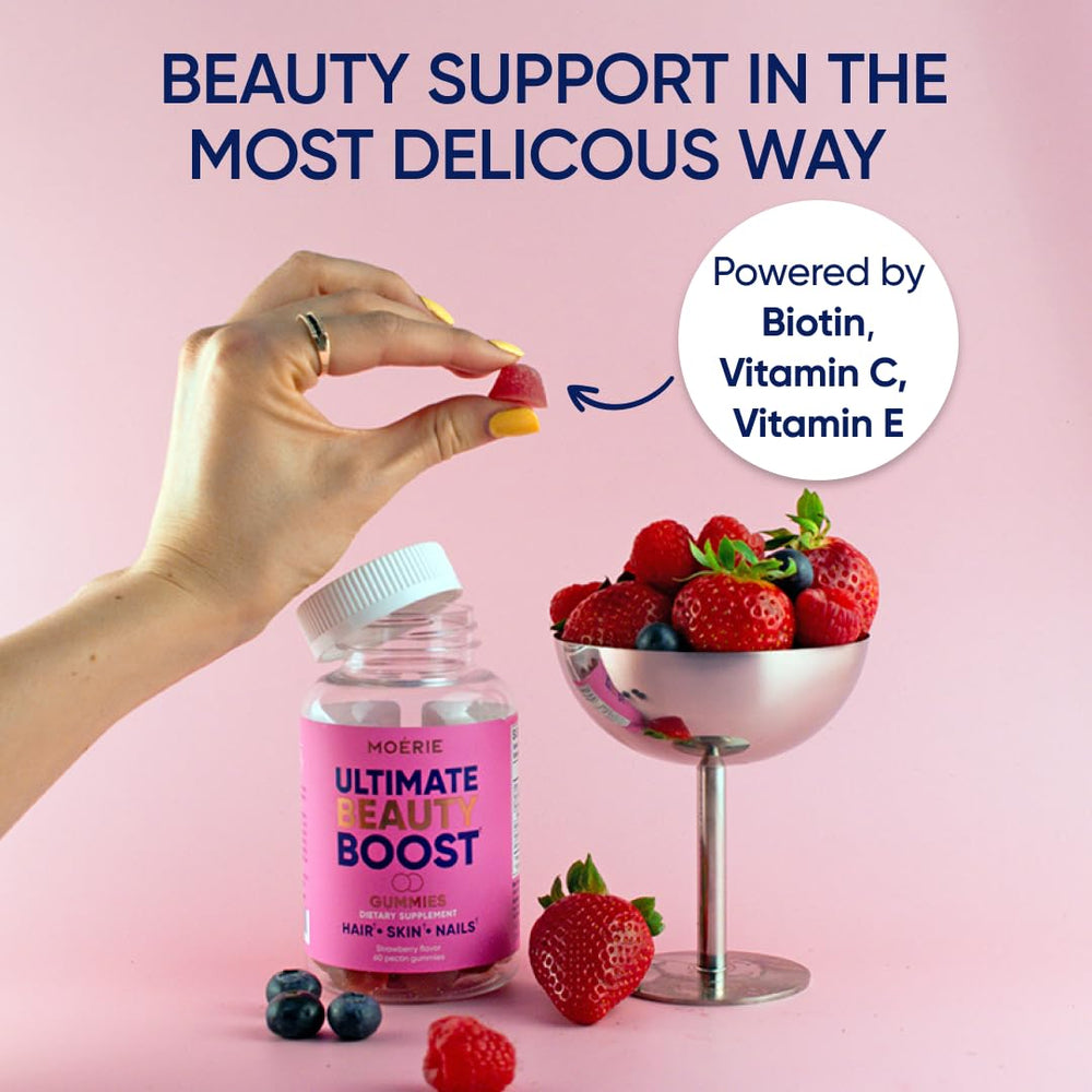Moerie ingredient panel highlights vitamin C and E for skin and hair support.
