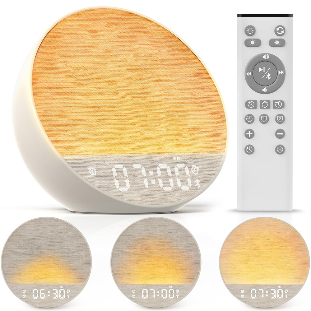 MOFOYEAH tap-to-snooze sunrise clock front view with gentle bedside glow.