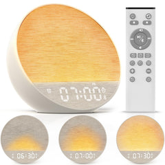 MOFOYEAH tap-to-snooze sunrise clock front view with gentle bedside glow.