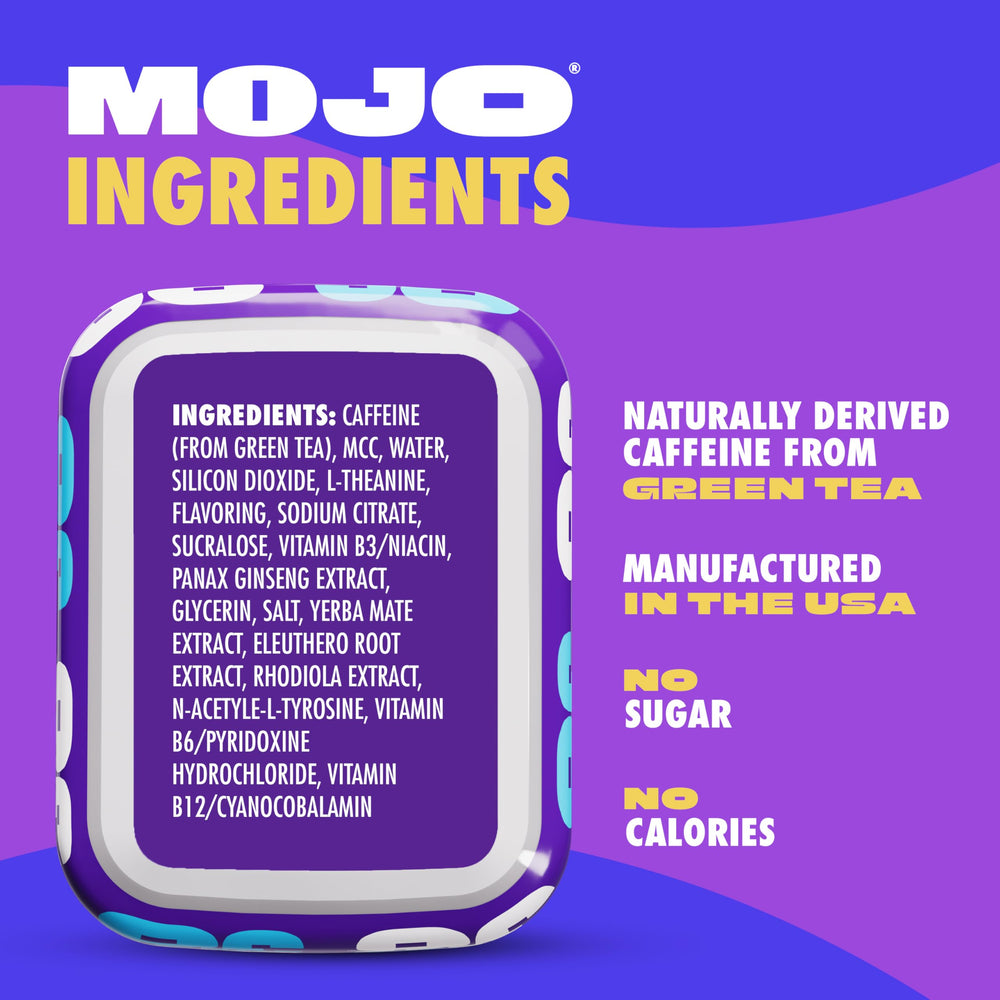 Close-up of MOJO blue raspberry label highlighting zero sugar.