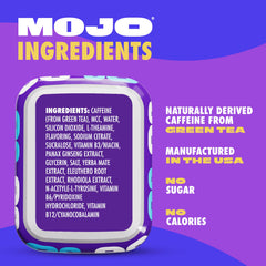 Close-up of MOJO blue raspberry label highlighting zero sugar.