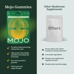 Mojo Extra Strength Focus Gummies label closeup shows natural nootropics for sustained concentration.